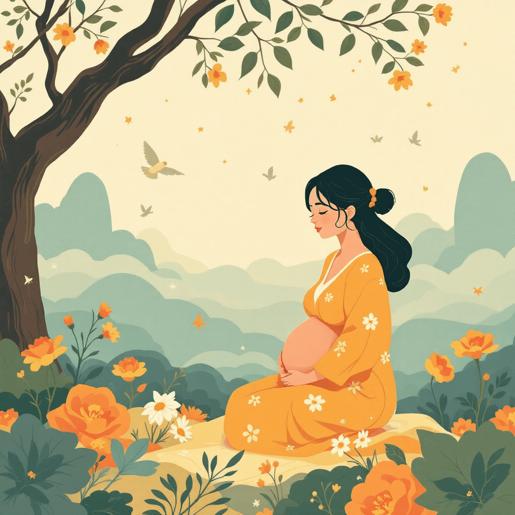 Pregnant mother sitting peacefully under a tree